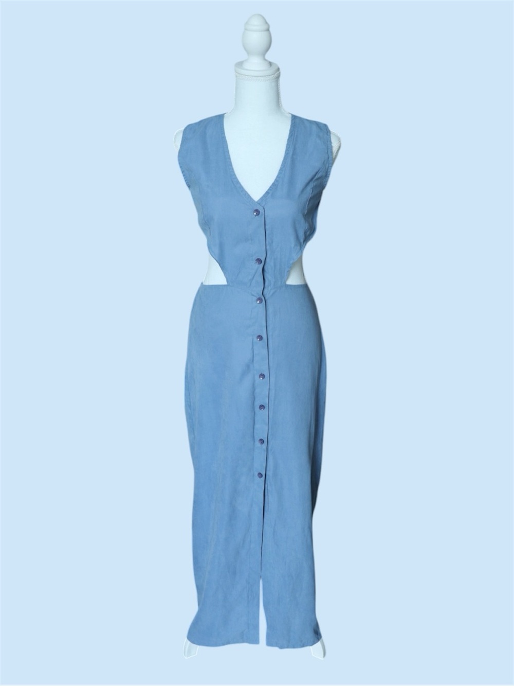 R&M Sleeveless Blue Button-Front Cutout Waist Maxi Dress - Size XS